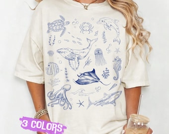 Sea Animal 90s Retro PNG, Ocean Nature PNG, Sea Life Shirt Design, Whale Orca Turtle, Ocean Gift, Fisherman Aesthetic