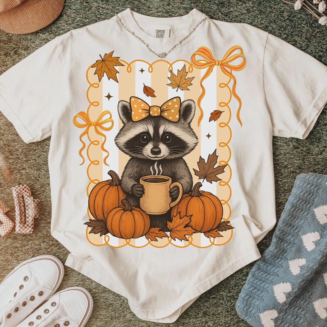 Cute Fall Raccoon PNG, Autumn Coffee Clipart, Pumpkin and Bow ...