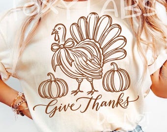Give Thanks Turkey PNG, Thanksgiving Doodle Pumpkin Bow Fall Design, DTF Sublimation