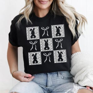 Checkered Lace Easter Bunny PNG, Coquette Bunny Bow Design, Happy Easter Sublimation