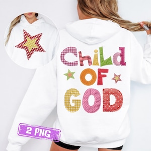 Może przedstawiać: Biała bluza z kapturem z napisem "Child of God" w kolorowych literach w stylu patchwork na plecach. Z przodu znajduje się wzór gwiazdy. Bluza jest swobodnym, wygodnym ubraniem.