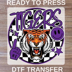 Tigers DTF Transfers,  Game Day Ready To Press,  High Quality, Sport Lover Heat Press, Tigers Purple Iron On Transfers, Crew Full Color
