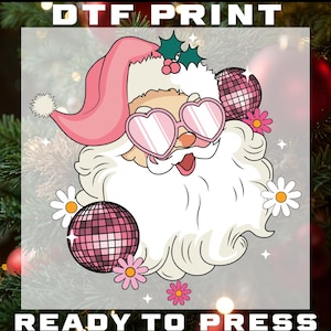 Transfert Dtf Santa disco rose rétro, illustrations de Noël prêtes à imprimer, impression DTF, chemise d&#39;hiver, cadeau de Noël, haute qualité, feuille de gang