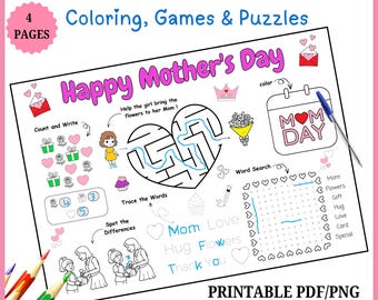 Jogo americano para atividades do Dia das Mães para imprimir - jogos e colorir - presente para a mãe - download digital instantâneo