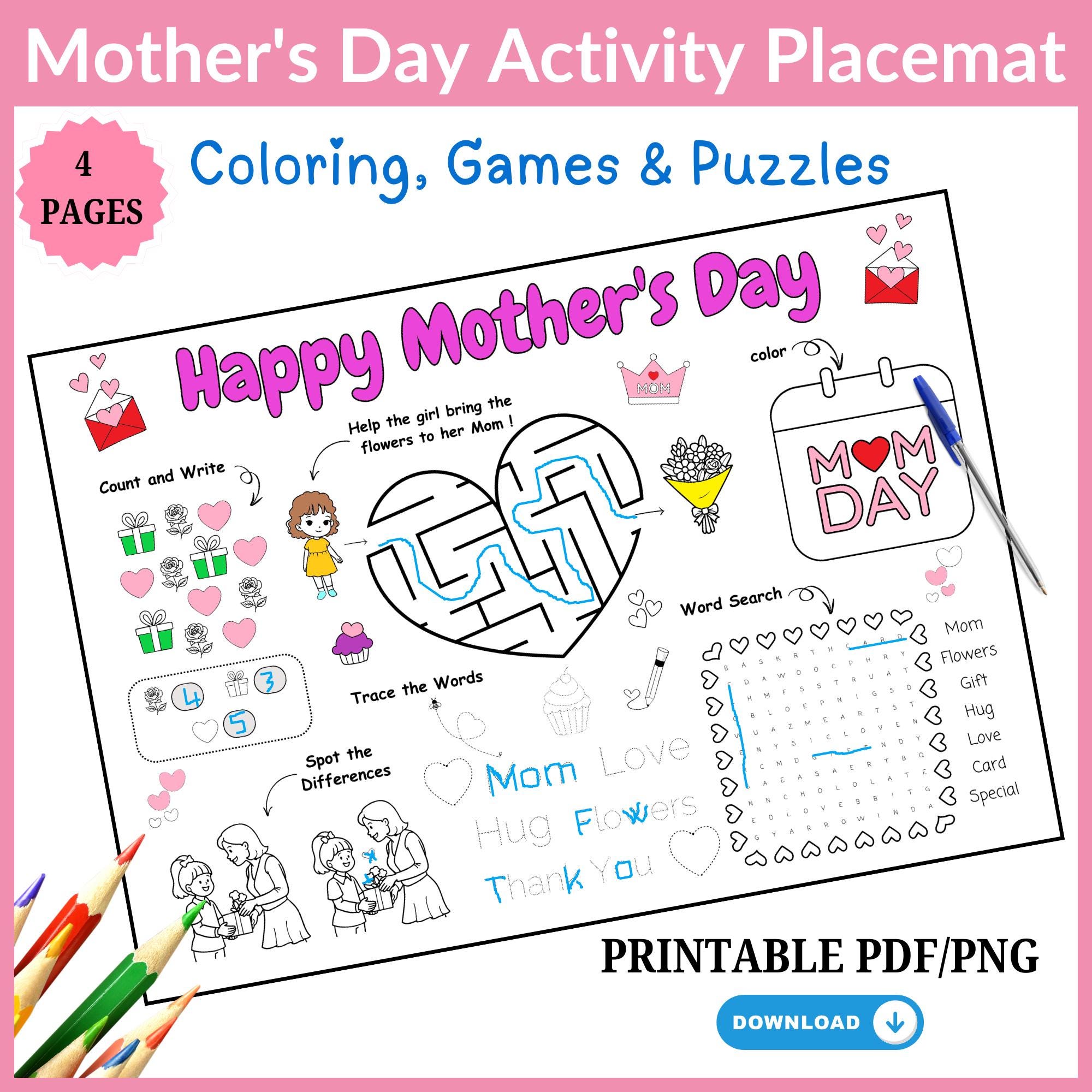 Mother's Day Activity Placemat Printable - Games and Coloring -gift for ...
