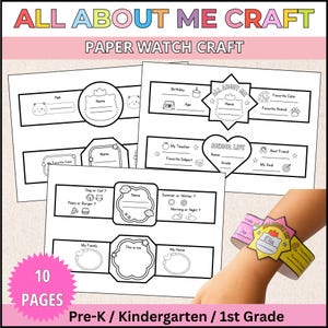 Könnte beinhalten: Ein Set ausdruckbarer Papier-Armbanduhren mit dem Text "ALL ABOUT ME CRAFT" und "PAPER WATCH CRAFT". Die Designs enthalten Platz für persönliche Informationen wie Name, Lieblingsfarbe und Lieblingstier. Enthält 10 Seiten für Vorschule, Kindergarten und 1. Klasse.
