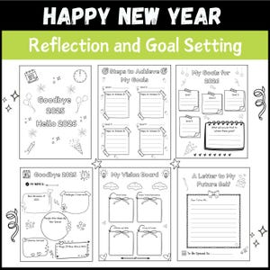 May include: A black and white planner with the text "HAPPY NEW YEAR" and "Reflection and Goal Setting". The planner includes pages for goal setting, vision boards, and a letter to the future self. It also has pages for reflection on the past year.