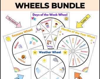 May include: A classroom decor bundle featuring educational wheels for teaching. The bundle includes wheels for days of the week, seasons, months of the year, and weather. Each wheel is illustrated with colorful graphics and text labels.