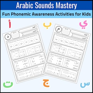 Könnte beinhalten: Zwei Arbeitsblätter zum Erlernen der arabischen Sprache mit dem Titel "Arabic Sounds Mastery" und "Fun Phonemic Awareness Activities for Kids". Die Arbeitsblätter enthalten Übungen zum Identifizieren und Ausmalen von Wörtern, zum Schreiben von Buchstaben und zum Zuordnen von Wörtern zu Bildern. Das Design ist hauptsächlich schwarz und weiß.