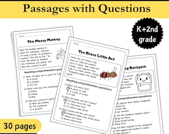 Reading Comprehension Worksheets - Beginner Readers K–2 - Short Stories with Questions - Printable PDF Digital Download