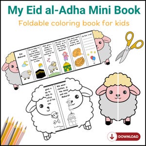 May include: A children's foldable coloring book titled "My Eid al-Adha Mini Book." The book features illustrations of sheep, a mosque, and other Eid-related imagery. A pair of yellow scissors and colored pencils are also visible.