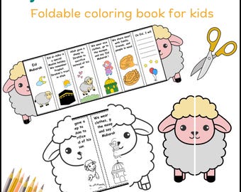 Eid al Adha Mini Book Craft for Kids ,Foldable Islamic Activity Coloring Writing