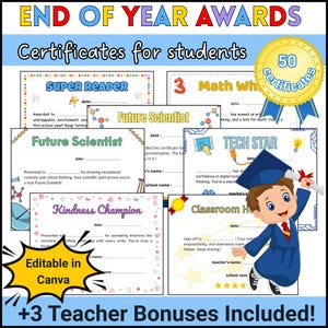 50 Editable End-of-Year Student Awards - Classroom Awards -  Character Traits - Grades K-5 - Canva Templates