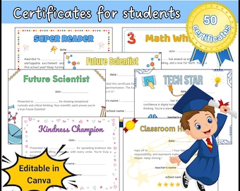 50 premi di fine anno modificabili per studenti - Premi per la classe - Caratteristiche del carattere - Classi K-5 - Modelli Canva