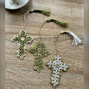 Tatted Lace Cross Bookmark: Handmade Dorset Button Center