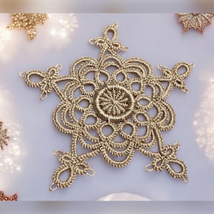 May include: A gold snowflake ornament made of delicate crocheted thread. The snowflake has a circular centre and six points.