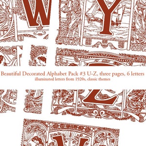 Letras manuscritas iluminadas Ilustrações clássicas Iniciais decoradas Letras escritas da década de 1920 Alfabeto ilustrado vintage Monogramas vermelhos