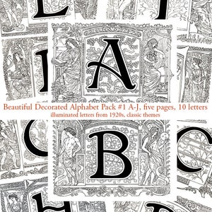 Letras manuscritas iluminadas Ilustraciones clásicas Iniciales decoradas Letras de guión Década de 1920 Monogramas de letras del alfabeto ilustrado vintage