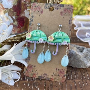 Green Umbrella Earrings with Glass Raindrops