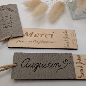 Segnaposto personalizzati per matrimoni, feste, compleanni, Natale, battesimi in legno e tessuto tortora