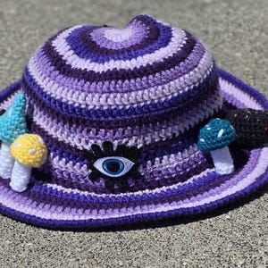 Handmade Blue & Purple Knit Bucket Hat with Ear Flaps Winter Wool Crochet Bucket Hat, Womens Cloche Bell Style  main image 2