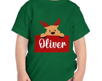 Christmas personalized name Toddler Short Sleeve Tee, Toddler name reindeer shirt, customizable toddler name Christmas tshirt