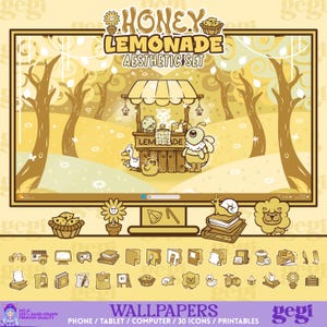 May include: A digital aesthetic set titled Honey Lemonade featuring a computer monitor displaying a yellow-toned forest scene with a lemonade stand, a bee, a duck, and a chick. Includes various icons, wallpapers, and printables in shades of yellow.
