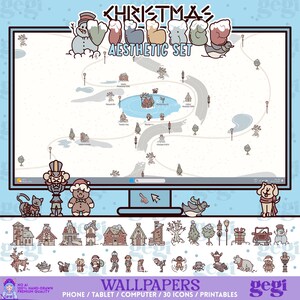 May include: A digital Christmas village aesthetic set featuring a computer monitor displaying a snowy map with paths, trees, and buildings. Below the screen are various hand-drawn icons including a nutcracker, gingerbread person, cat, dog, and holiday-themed buildings, trees, and characters.