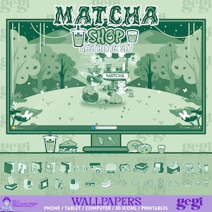 May include: A digital aesthetic set featuring a matcha shop theme in shades of green. The set includes a computer wallpaper with a character in a wide-brimmed hat, a capybara, and a matcha stand, plus thirty icons, printables, and food graphics.