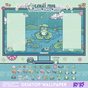 Puede incluir: Un conjunto de fondos de pantalla para escritorio con temática de rana kawaii. El diseño incluye un monitor de computadora que muestra una escena de estanque con ranas de dibujos animados en nenúfares. Se incluyen iconos y carpetas adicionales, todos con un tema de rana a juego. El texto "KAWAII FROG" está en la parte superior.