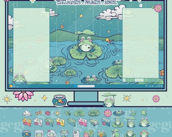 Kawaii Frog Desktop Background Organizer Set, Cozy rainy Laptop wallpaper and Icon Pack, Aesthetic Matcha mint PC theme Computer Background