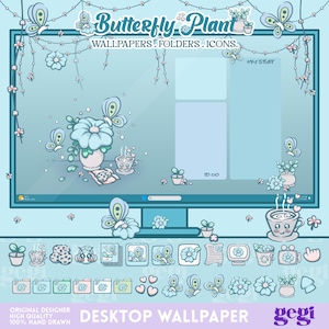 Puede incluir: Un fondo de pantalla de escritorio azul claro con un tema de mariposas y flores. El fondo de pantalla incluye iconos, carpetas y el texto "Butterfly Plant". El diseño presenta mariposas, flores y tazas de té, con las palabras "My Stuff" y "To Do" en la pantalla.