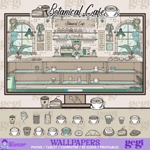 Peut inclure: Une illustration numérique d'une scène de Botanical Cafe montrant un écran d'ordinateur affichant l'intérieur d'un café avec un barista, des étagères de bocaux et des menus. Sous l'écran se trouvent diverses icônes de tasses et pâtisseries.