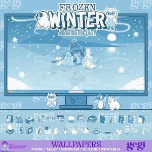 May include: A digital aesthetic set titled Frozen Winter Aesthetic Set featuring a light blue color palette. The display shows a winter scene with cartoon animals, snowflakes, and a monitor frame. Below are thirty icons, printables, and wallpapers.
