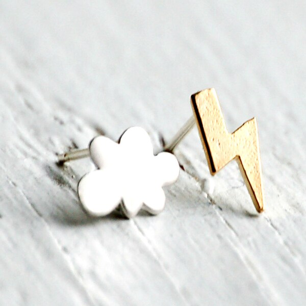 Thunder & Lightening Earrings, Silver Rain Cloud, Gold Lightening Bolt, Seattle Rain, Silver Cloud Earring, Thunder, Gift For Her