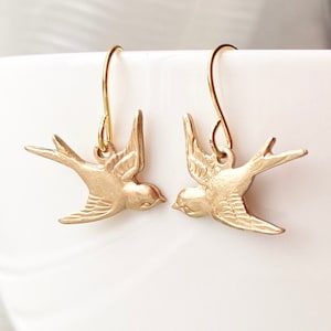 Flying Bird Earrings: Gold or Silver Lovebirds, Woodland Wedding