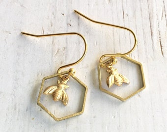 Bee Earrings Honeycomb Earring Petite Gold Bee Jewelry Bumblebee Queen Bee Beekeeper Gift Honeybee