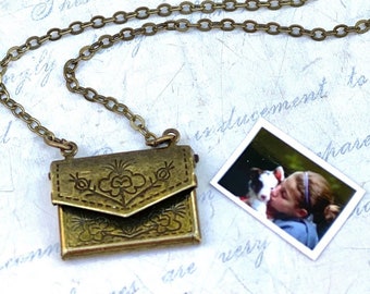 Letter Locket Necklace Envelope Locket Necklace Secret Compartment Custom Polaroid Photo