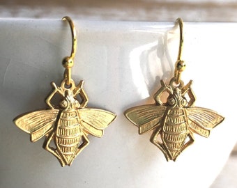 Gold Bee Earrings,Bumblebee Earrings,Gold Bee Jewelry,Honeybee Earrings,Bee Earrings, Brass Bee Earrings,Queen Bee,Bug Jewelry