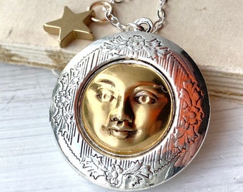 Moon Locket Silver Luna Celestial Star Charm Full Moon Photo Locket Moon & Star Locket