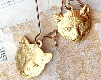 Cat Earrings Gold Cat Lover Jewelry Cat Lady Earrings Kitten Steampunk Kitty