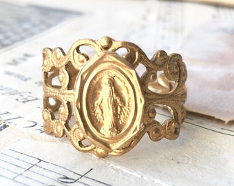 Brass Miraculous Medal Ring: Catholic Maria Madonna Jewelry