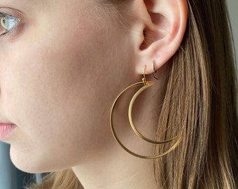 Large Brass Crescent Moon Earrings, Boho Celestial Jewelry