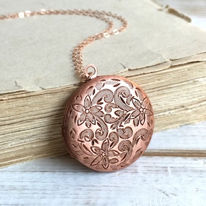 Rose Gold  Locket Necklace Floral  Paisley Locket Secret Message Locket Photo Memento