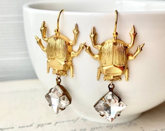 Beetle Earrings Jeweled Bug Jewelry Victorian Scarab Entomologist Insect Crystal Earrings