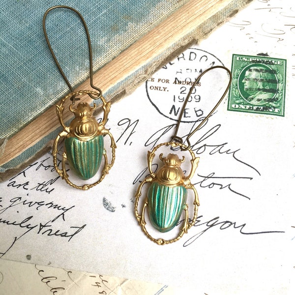 Green Beetle Earrings Gold Bug Earrings Victorian Scarab Insect Steampunk Insect Halloween  Entomologist Moonrise Kingdom Wes Anderson