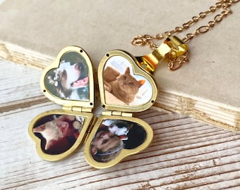 Gold Heart Locket Necklace Family Photo Locket Gift for Mom Folding Locket Family Tree Clover Locket
