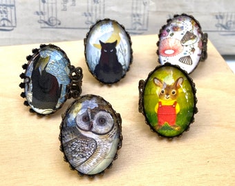 Cameo Ring Owl Ring I Am a Bunny Ring Cat Ring Boho Art Ring Adjustable