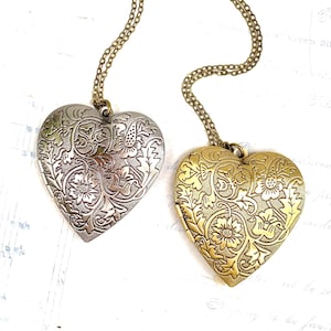Floral Heart Photo Locket Necklace - Antiqued Brass or Silver