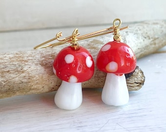 Red Mushroom Earrings Red & White Toadstool Earrings Fungi Jewelry Forest Mushrooms Gnome Fairy Faerie Mycology Gift Glass Mushrooms